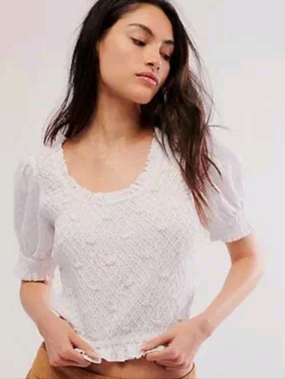 Free People Cecelia Puff Sleeve Smocked embroidered Rosette Cute Top Small Nwts